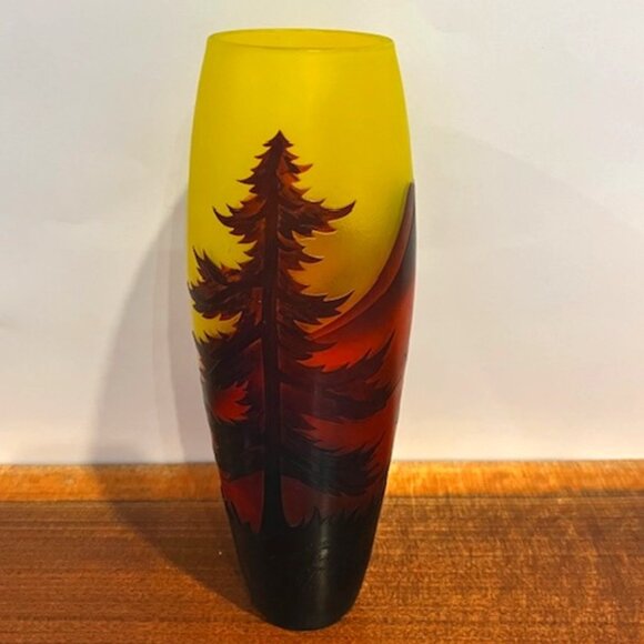 Yellow Cameo Glass Vase with Mountain Scene and Trees - Picture 1 of 9